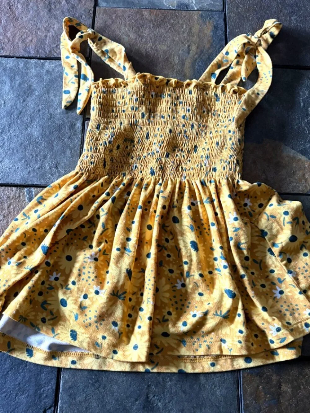 Emma & Elsa girls yellow sunflower sundress smocked tie strap size 7/8